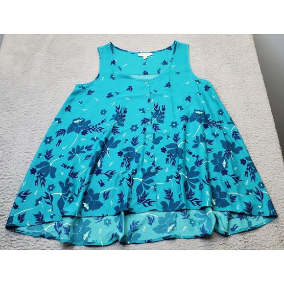 Woman Within Tank Dress Womens Medium Teal Floral Summer Round Neck Button Front - Picture 1 of 7
